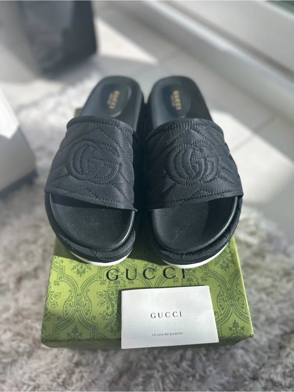 Gucci Black Quilted Slide Sandals with Interlocking GG
